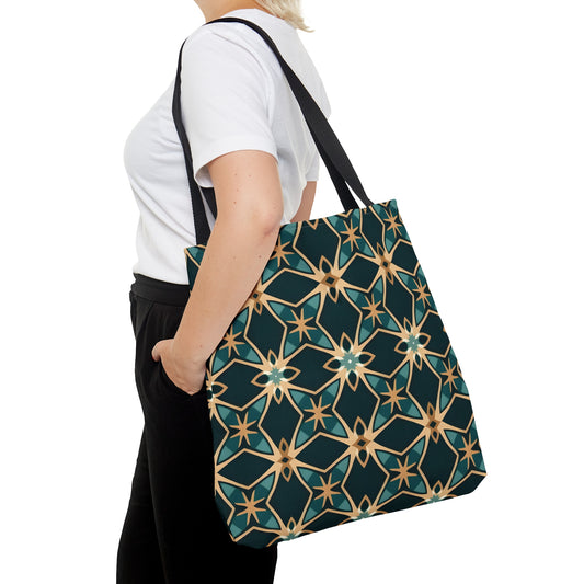 Geometric Green and Beige Pattern Design Print Tote Bag Small-Large Royal, Regal, Emerald Green, Islamic, Beach Bag, Summer Bag, Weekend Bag