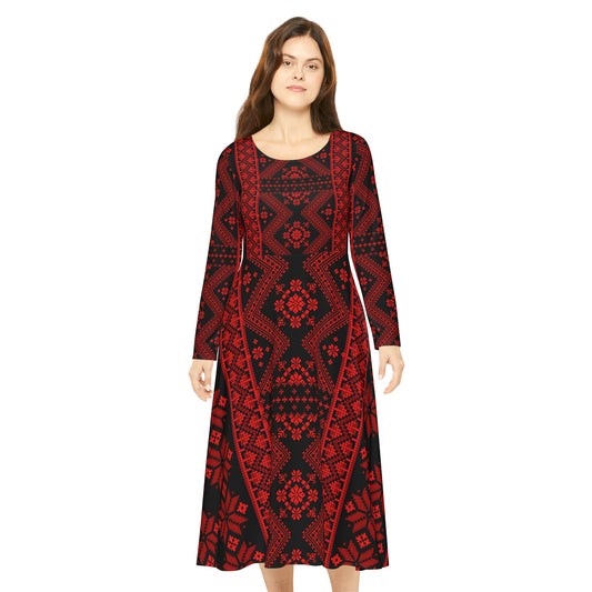 Women's Long Sleeve Dance Dress with Palestinian Thobe Tatreez Embroidery Stitch Print Design